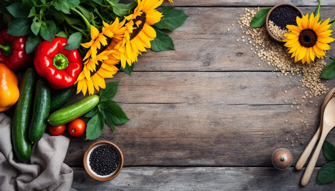 Healthy ingredients including vegetables, grains, and legumes on a kitchen table