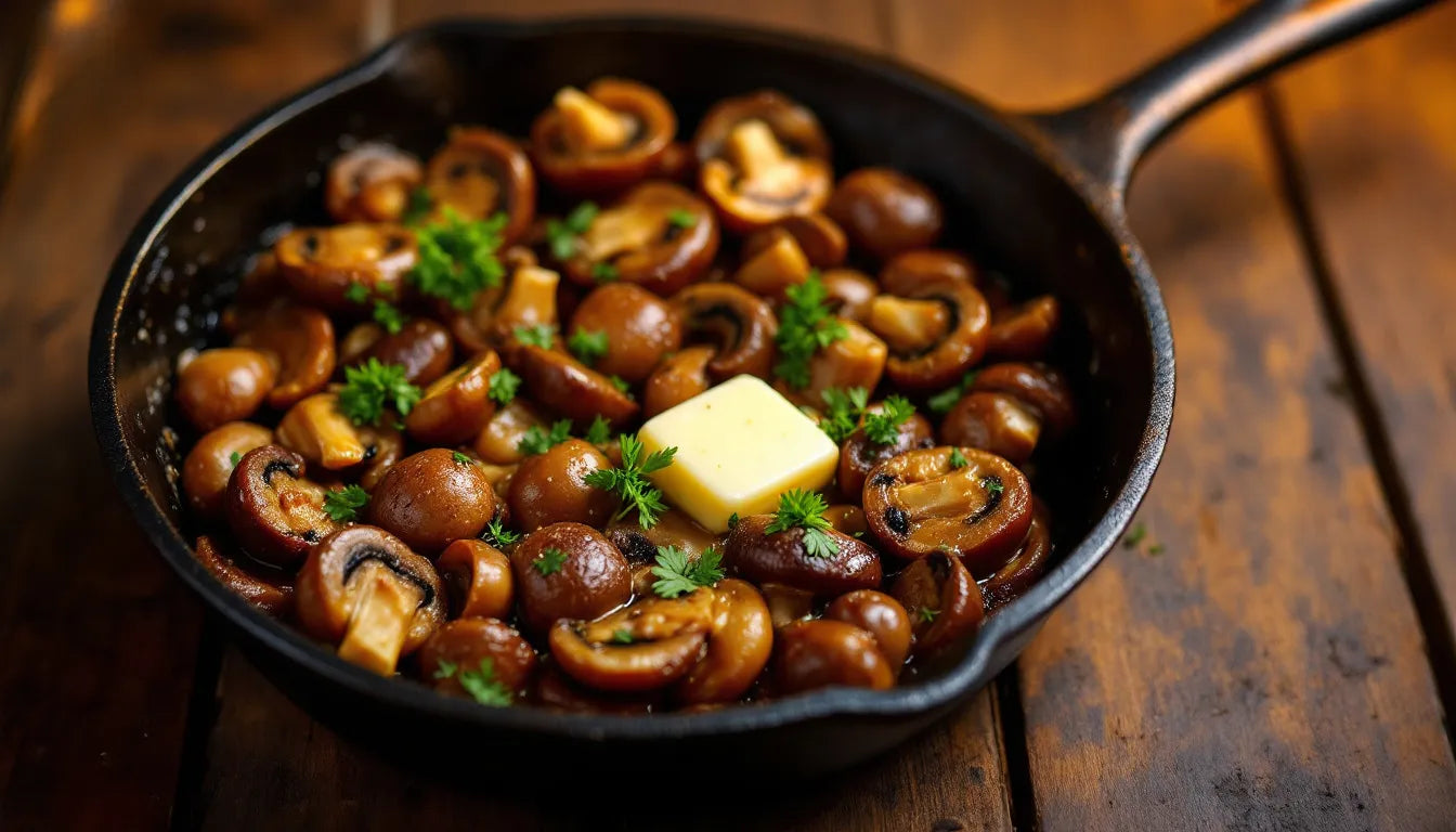 Sautéed mushrooms in a cast iron pan displaying golden brown texture