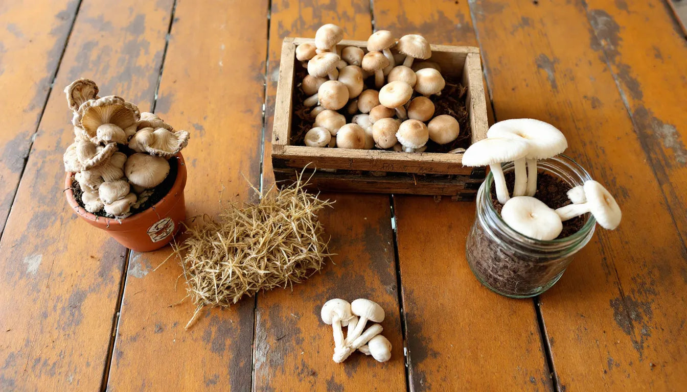 Various AI-optimized mushroom growing substrates arranged