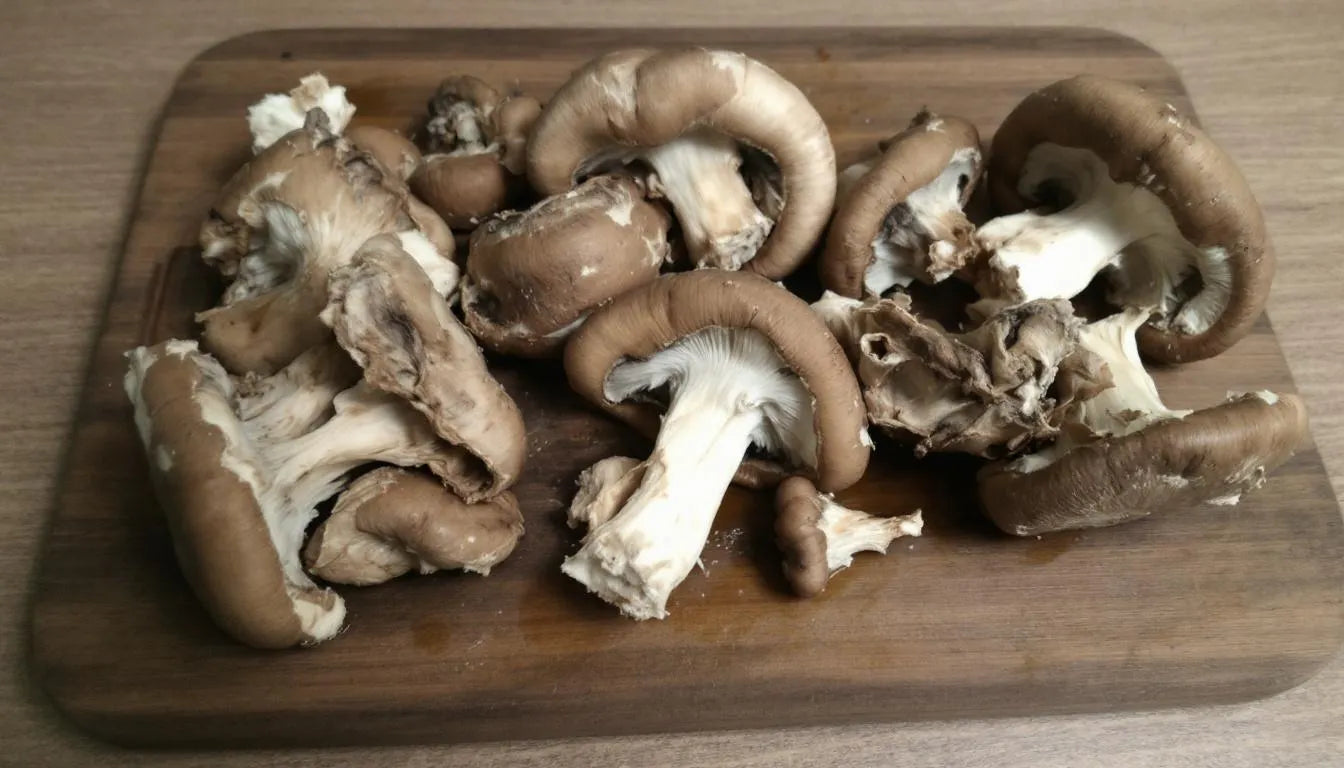 Spoiled mushrooms with discoloration on cutting board