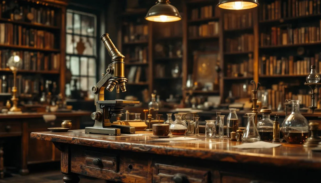 Vintage laboratory with microscope representing historical mycology research