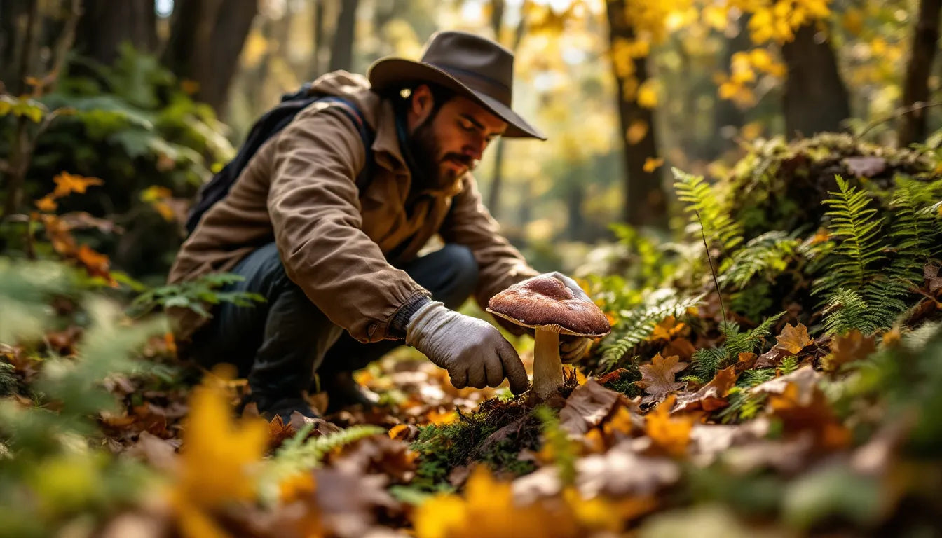 A person carefully picking a wild mushroom while practicing ethical foraging techniques.