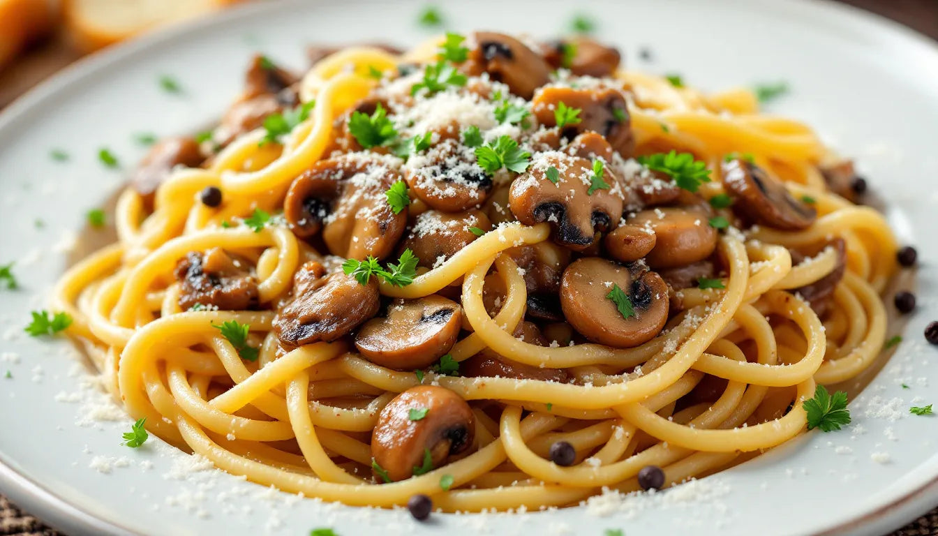 Pasta dish topped with mushrooms and fresh herbs