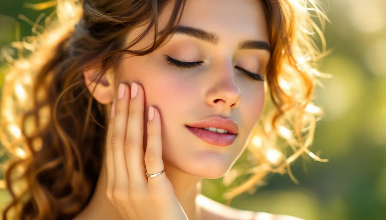 Woman touching glowing skin under natural sunlight