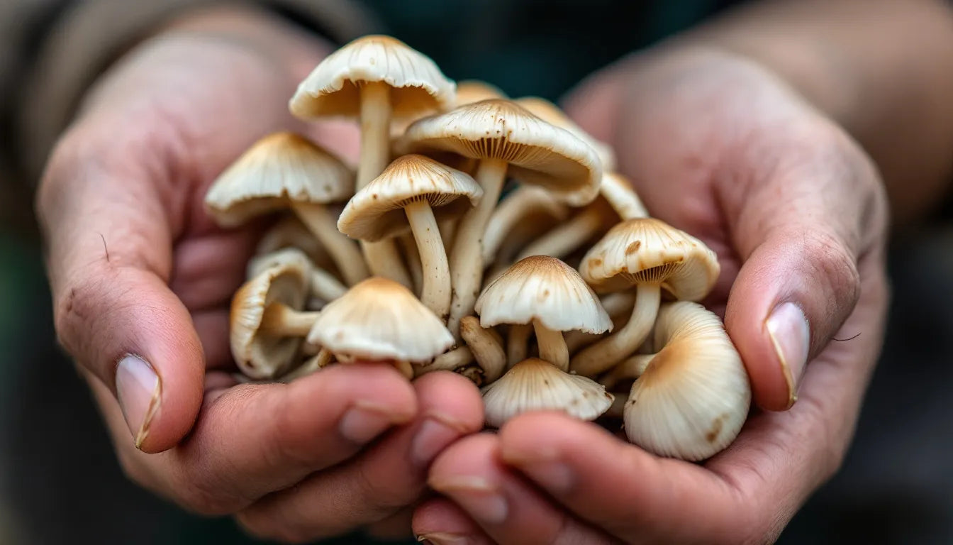 A hand holding fresh oyster mushrooms with a blurred background.