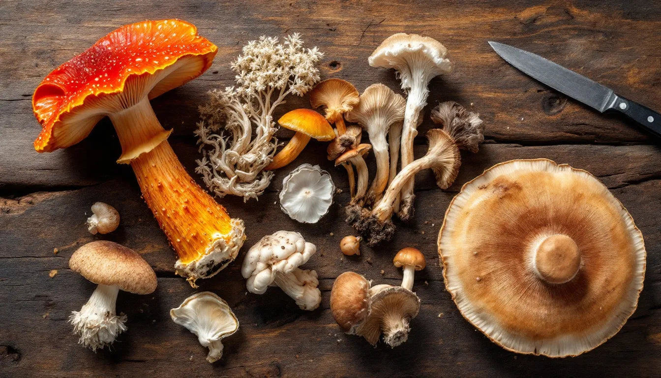 Various medicinal mushrooms arranged on rustic table