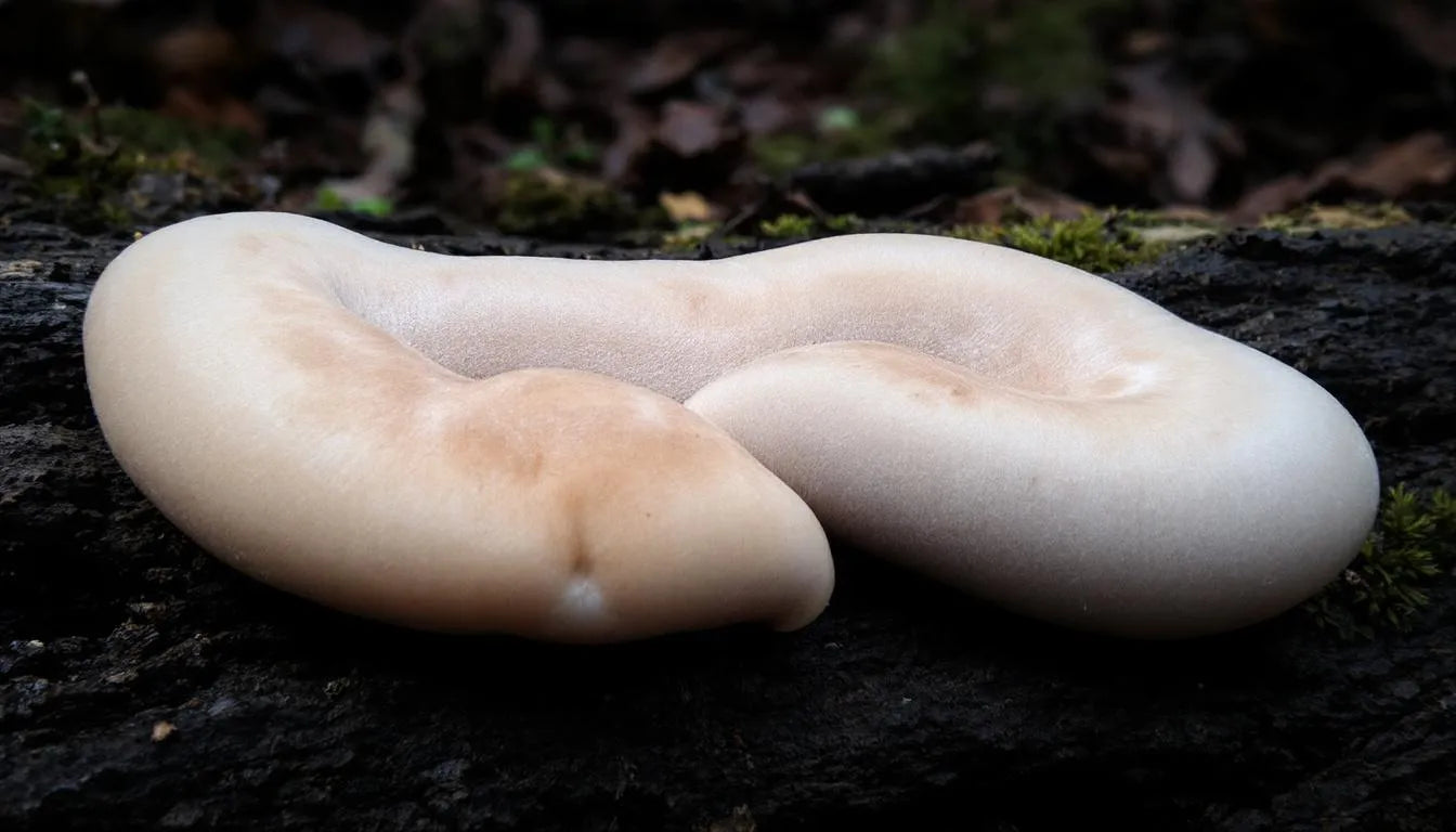 tubular fungal ascus sac on a wooden surface