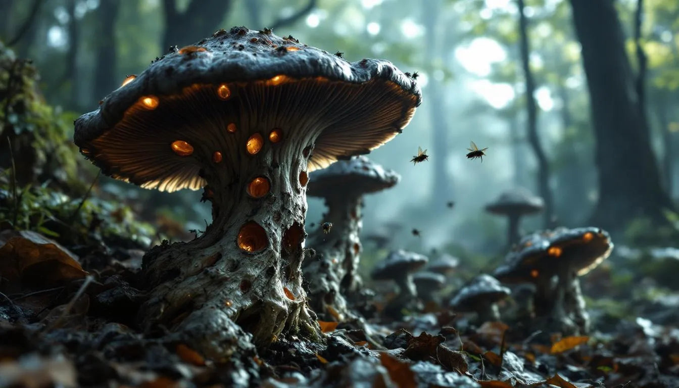 Twisted mushrooms with holes, presence of adult flies