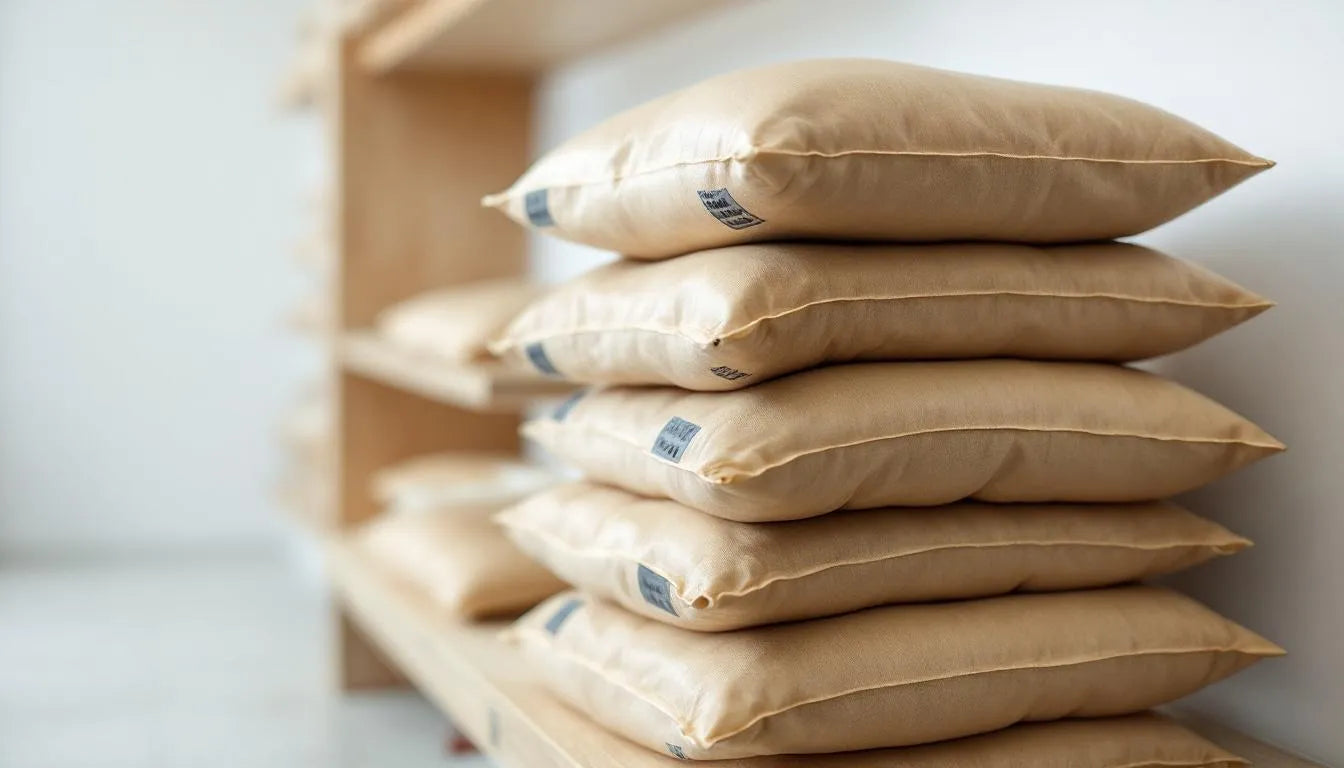 Vertical stacks of mushroom growing bags in small indoor space