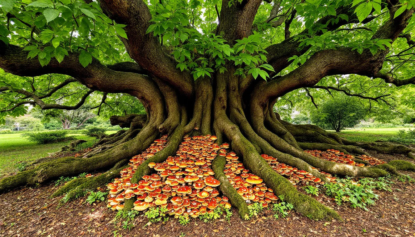 Outdoor mushroom bed with hydrated wood chips under shady tree