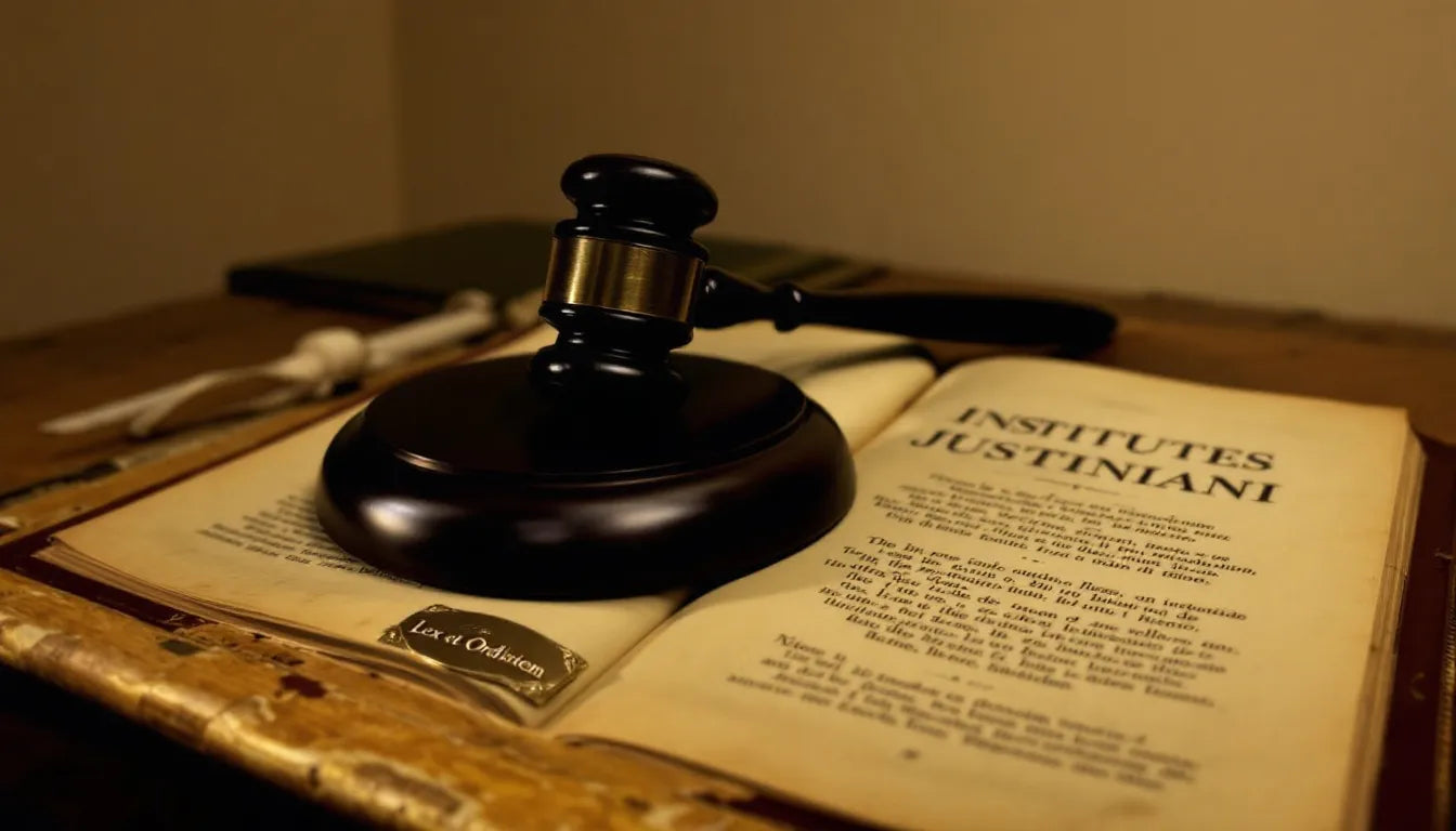 Gavel resting on a legal book on a wooden desk.