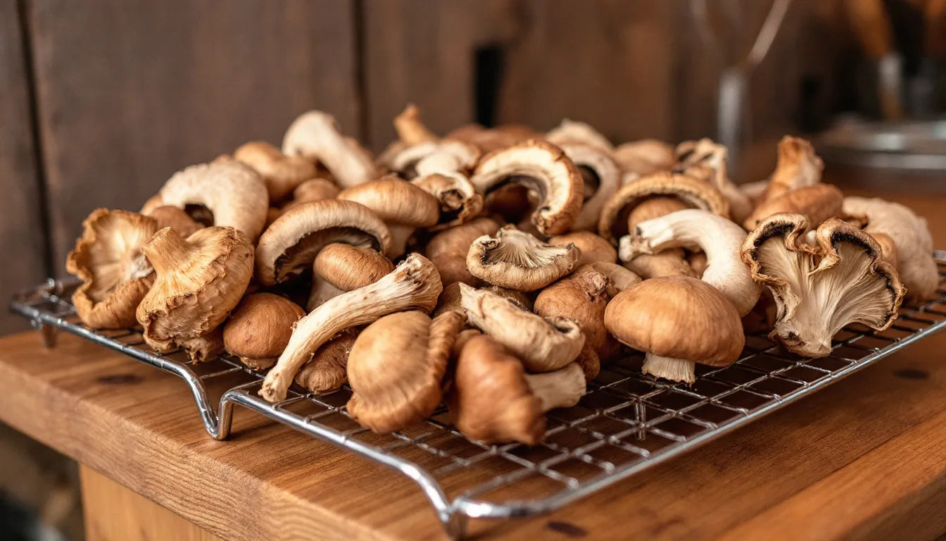 Dried parasol mushrooms laid out on kitchen drying rack
