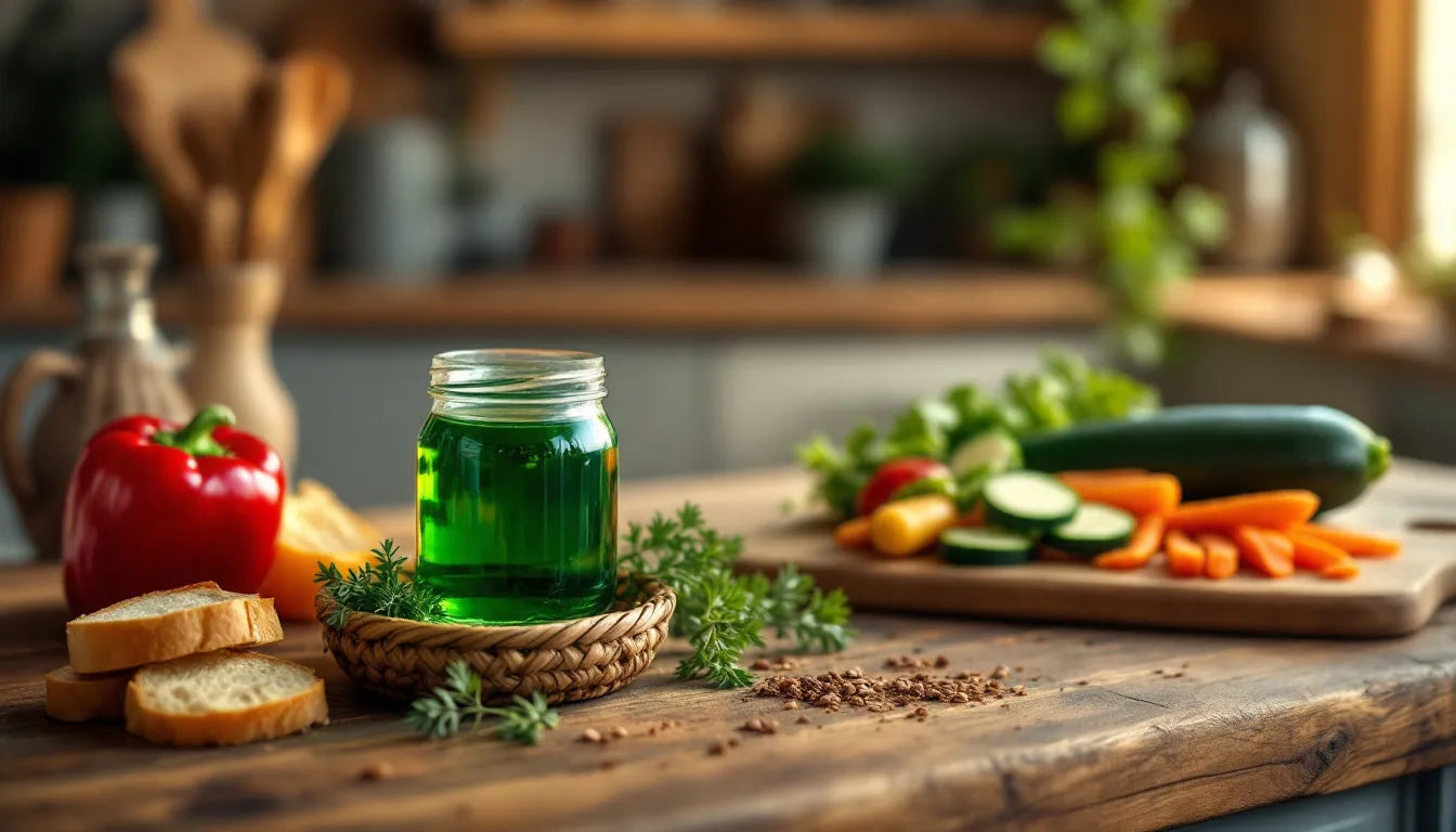 Fresh citrus fruits, herbs, and mushroom tinctures arranged on a counter
