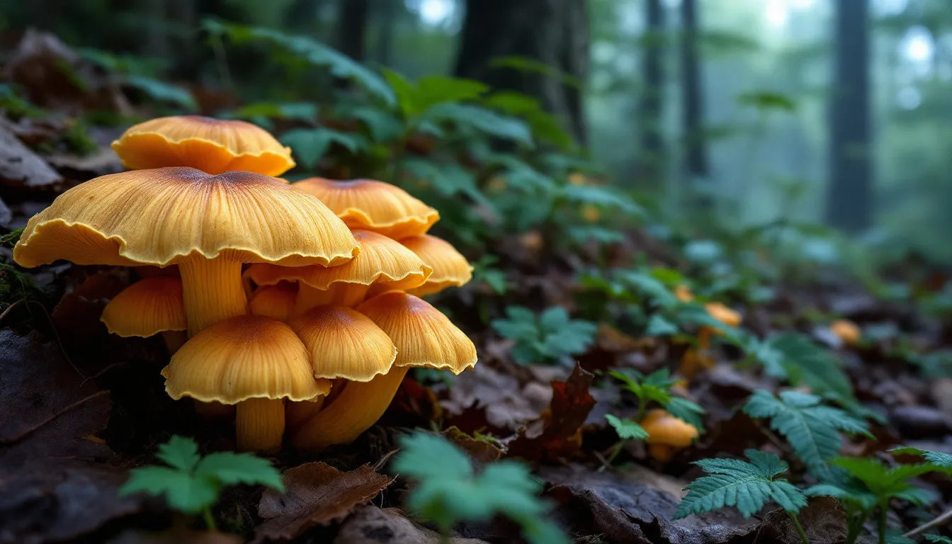Fresh chanterelle mushrooms found on a forest floor