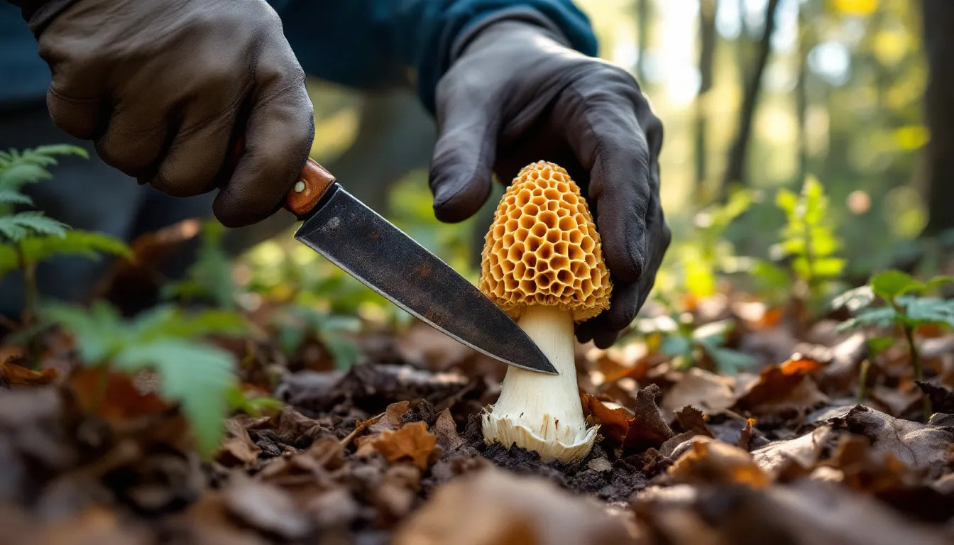hand harvesting a morel mushroom using knife
