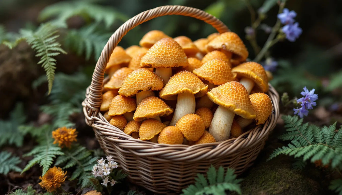 Basket filled with freshly foraged morel mushrooms in a forest