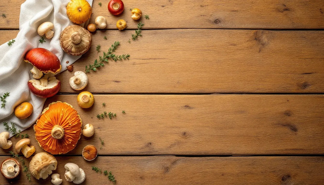 Variety of fresh mushrooms on rustic wooden surface