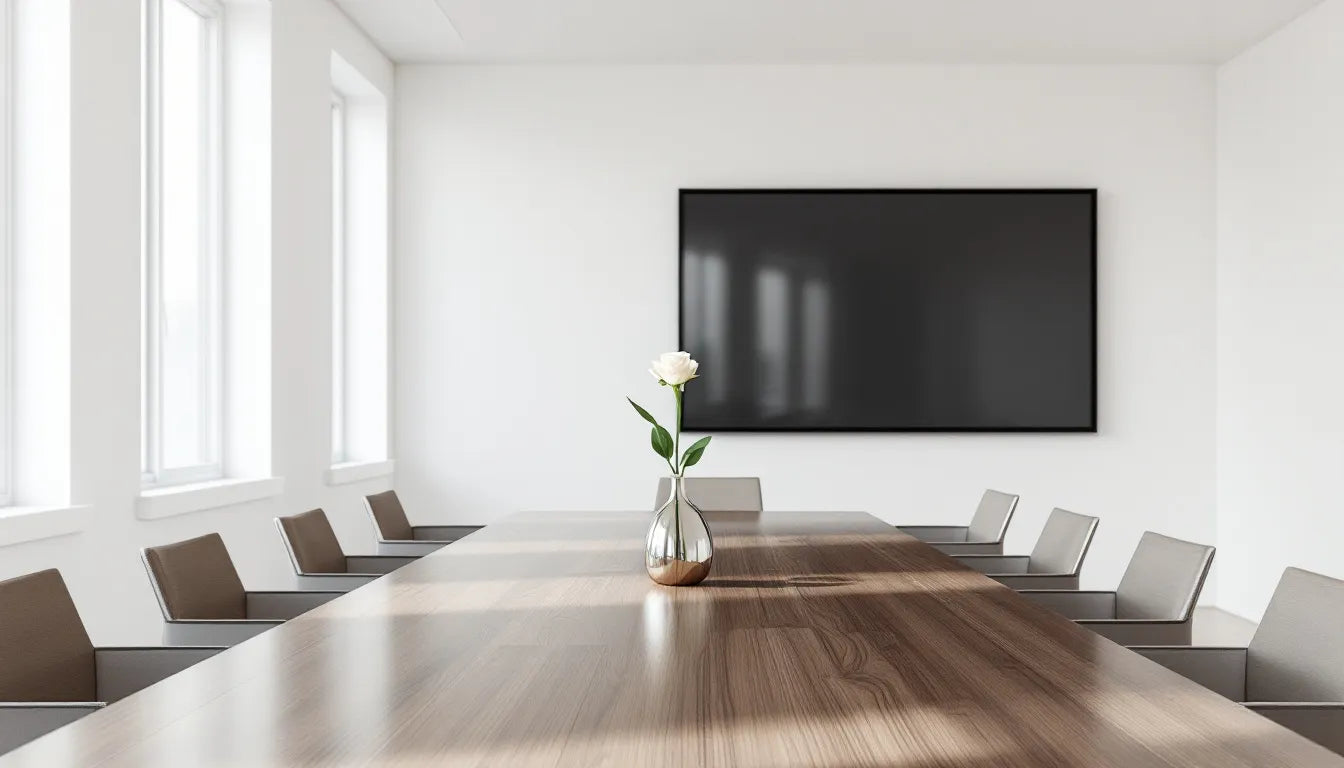 A vacant investor conference room with no attendees.