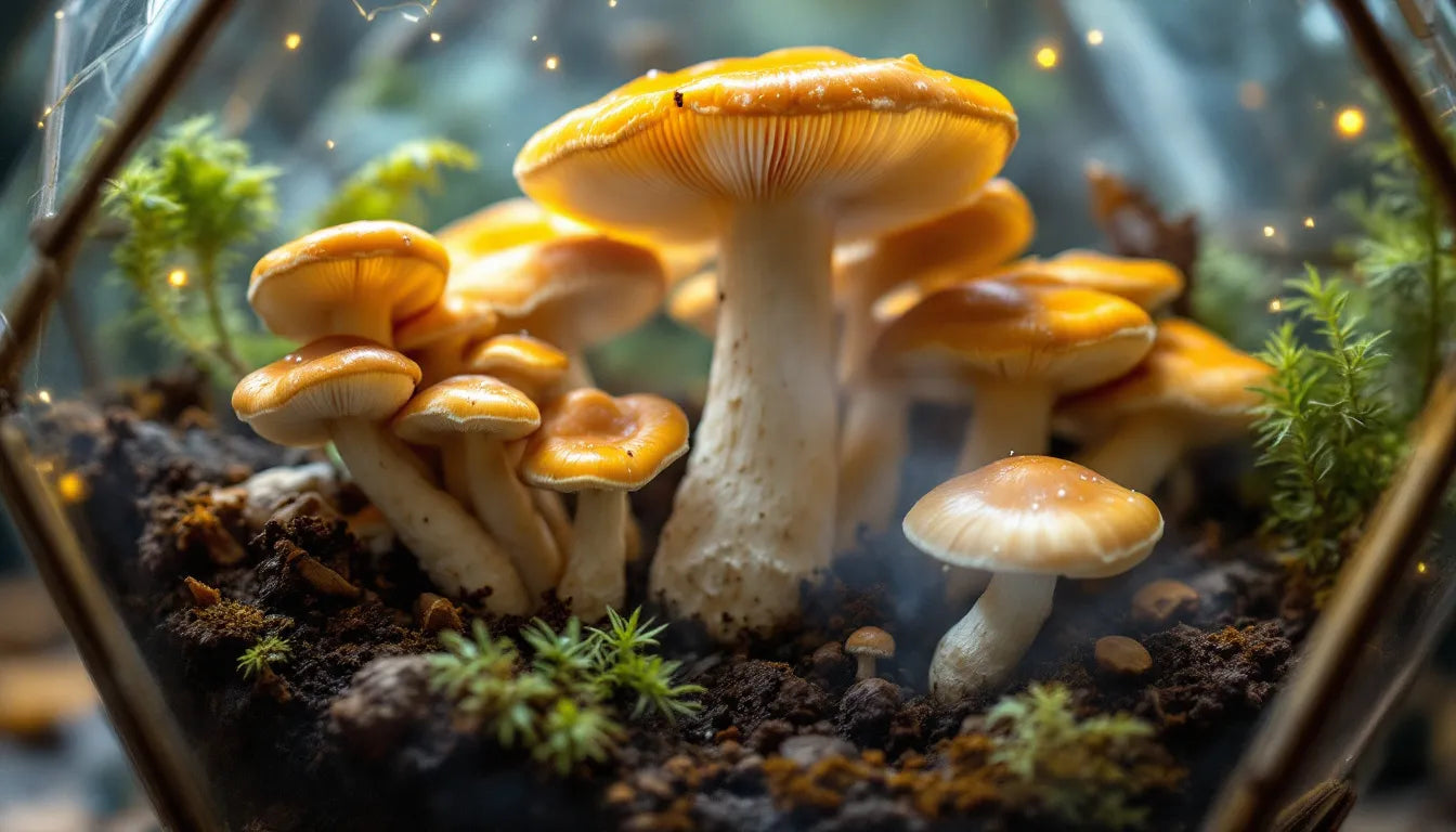 Psilocybin mushrooms cultivated in terrarium representing mindful mycology