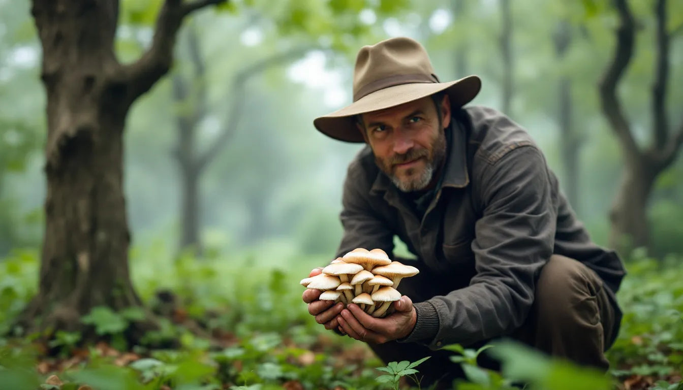 person harvesting fresh oyster mushrooms by hand
