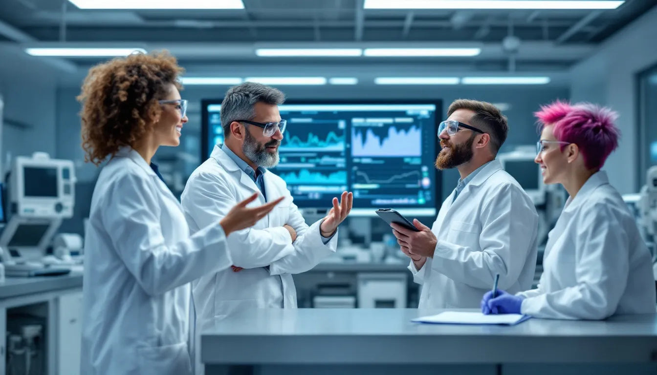 Team of scientists analyzing medical data in lab