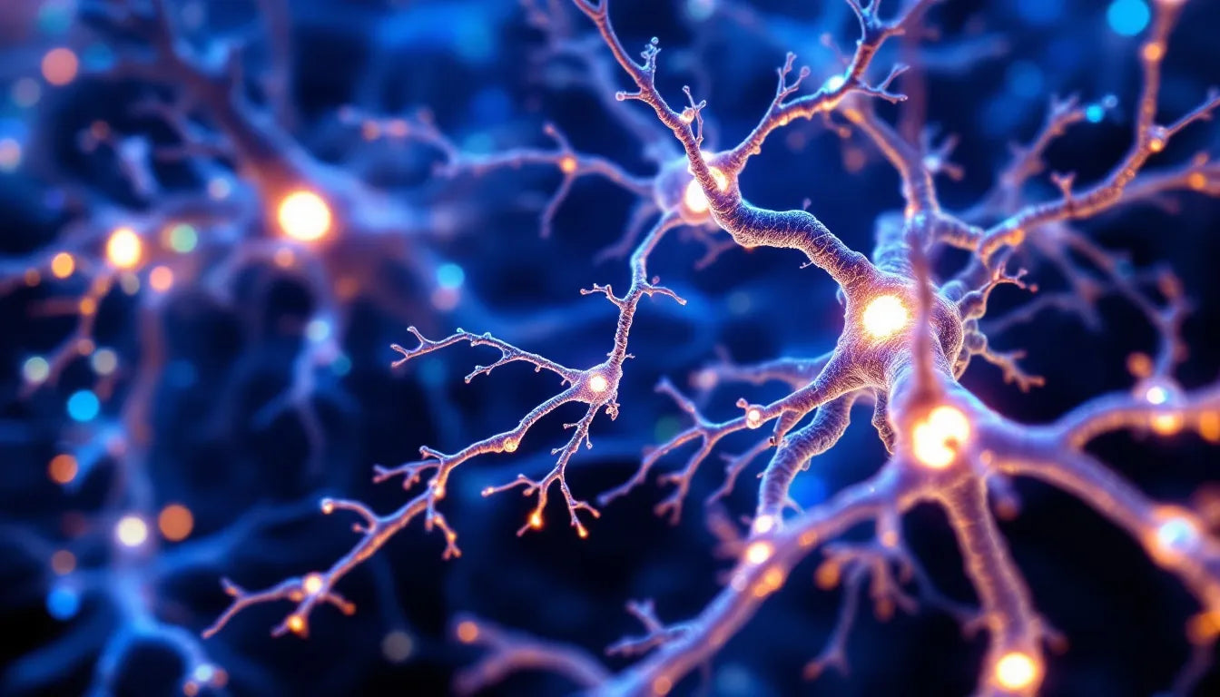Close-up of brain neurons with glowing synapses, depicting neural activity.