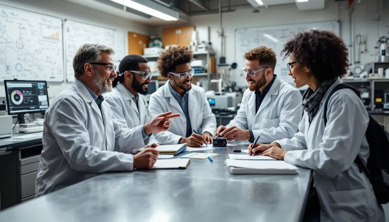A group of researchers in a lab discussing study findings with charts and data.