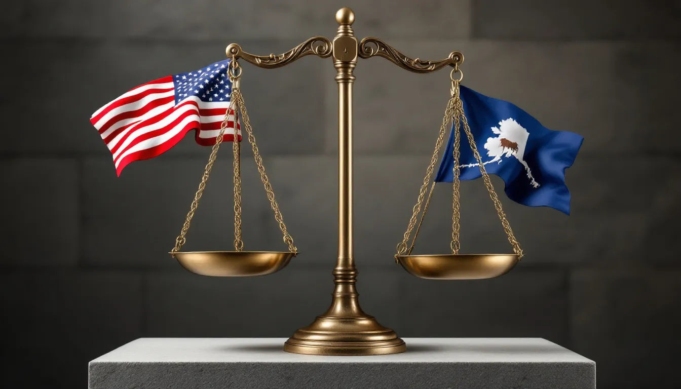 Scales of justice with US and Alaska flags in background