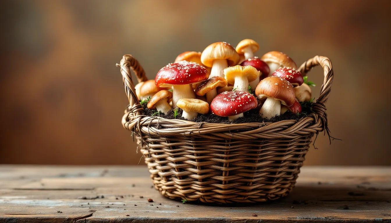 Fresh gourmet mushrooms in a rustic woven basket