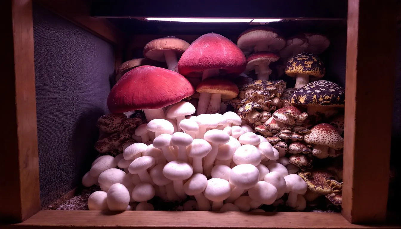 Home mushroom grow kit with developing fungi