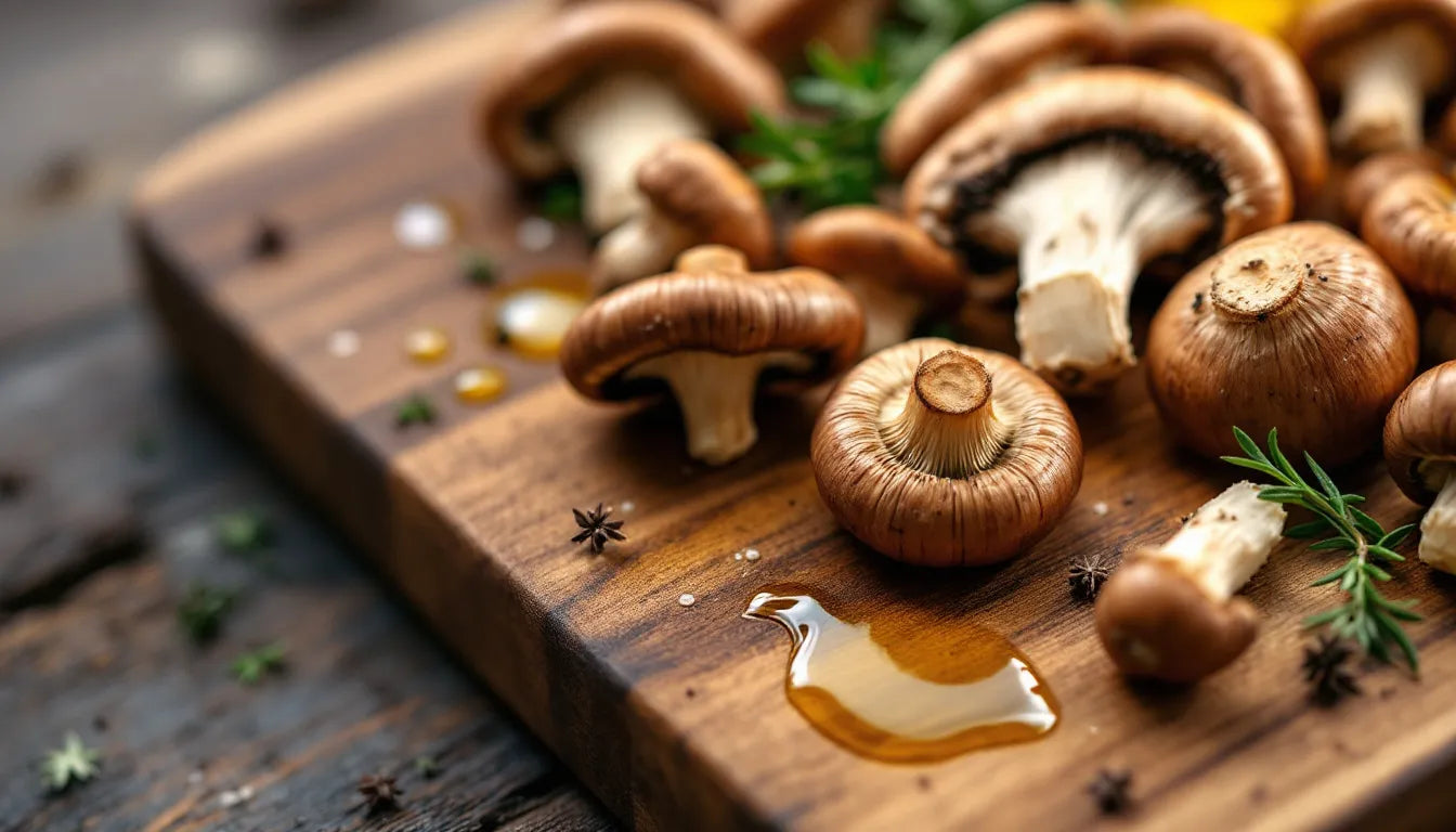 Fresh shiitake mushrooms arranged on wooden cutting board