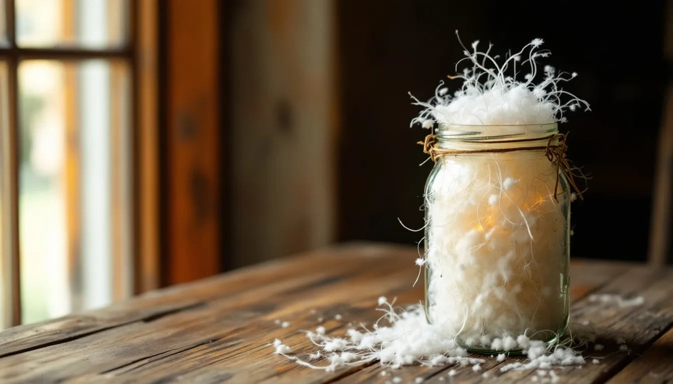 Mason jar showing white mycelium strands in solution