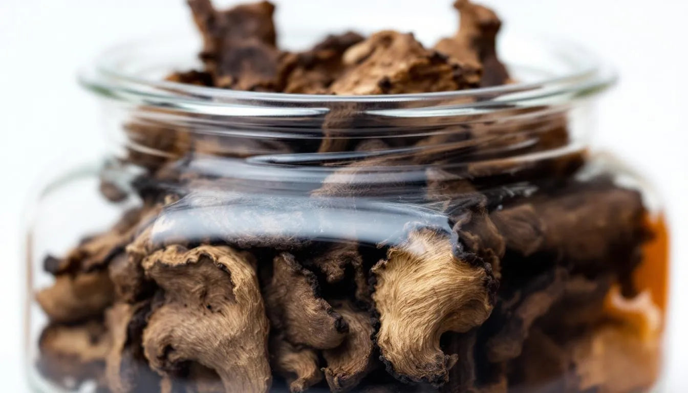 Airtight mason jar storing dried psilocybin mushrooms on a shelf