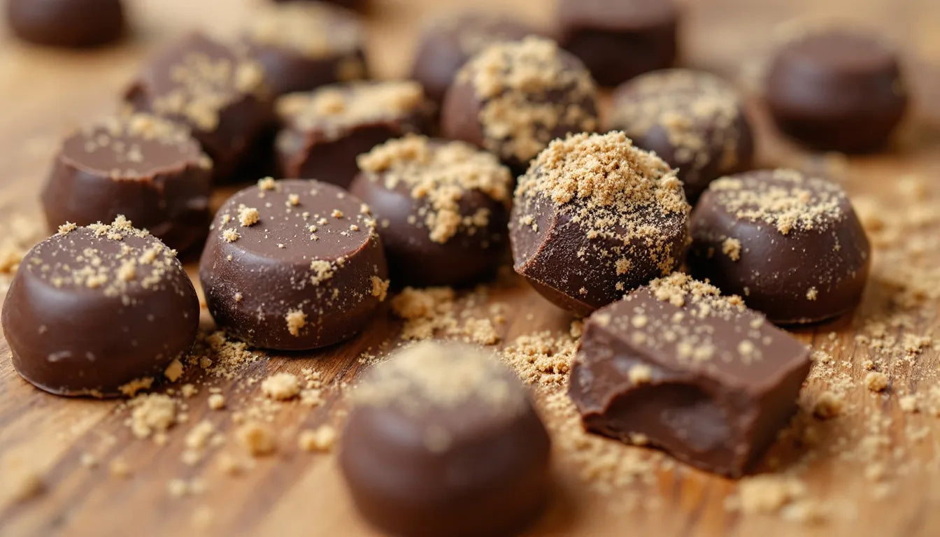 Dark chocolate pieces with mushroom powder on a wooden surface.