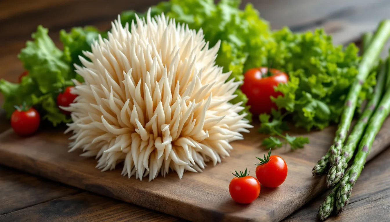 Lion's mane mushroom beside vegetables on table