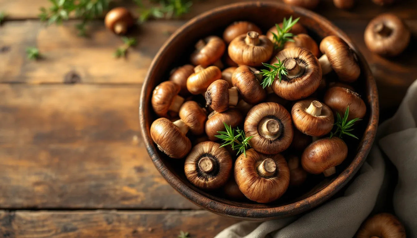 Chestnut mushrooms displayed in a rustic bowl in a kitchen setting