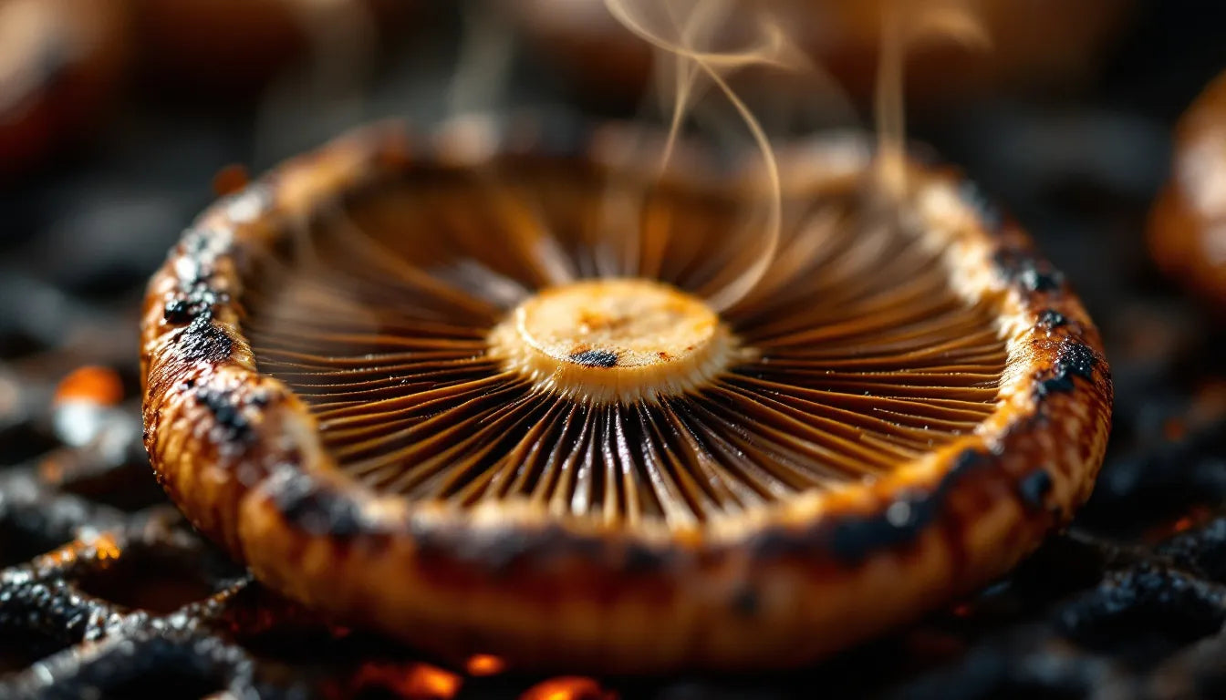 Close-up of grilled mushrooms showing umami-rich surface