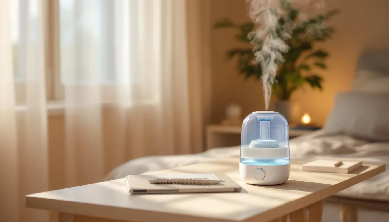 compact ultrasonic humidifier releasing mist in indoor space