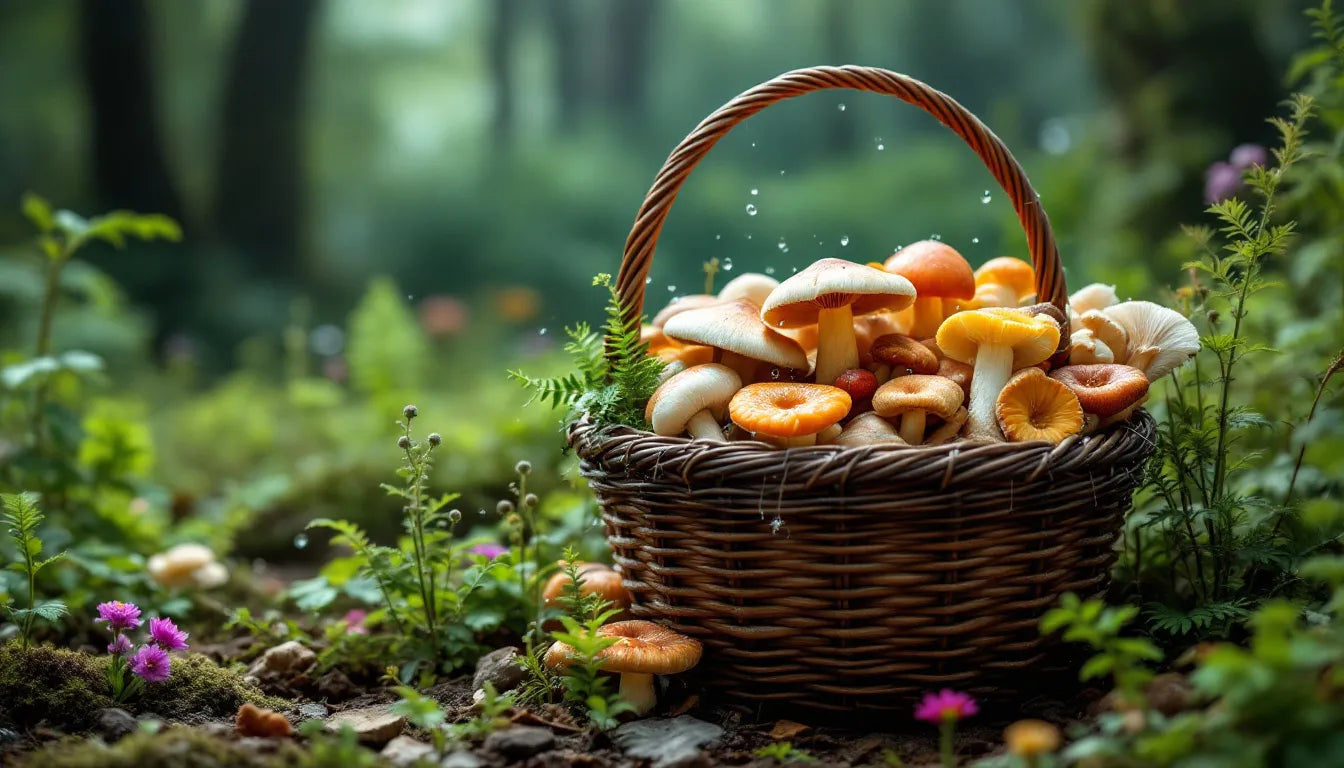 Basket filled with wild mushrooms sitting in forest