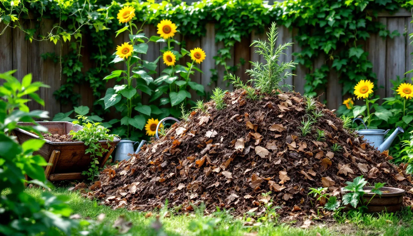 Compost pile made from mushroom substrate in a backyard garden