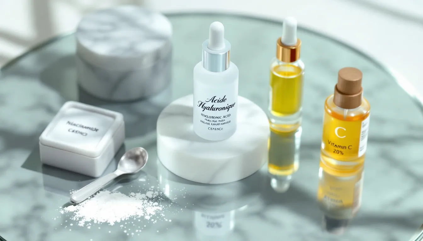 hyaluronic acid, collagen, and tremella skincare ingredients lineup