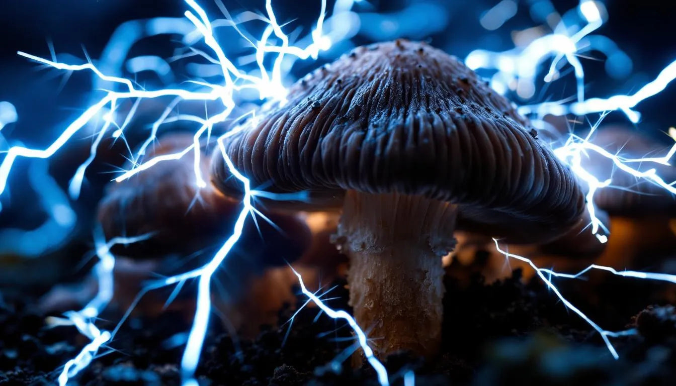 Electric sparks over mushroom gills, close-up image