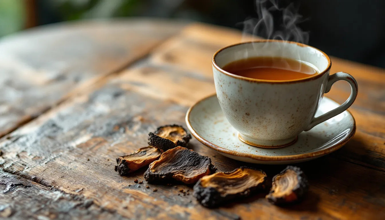 Chaga mushroom chunks beside a steaming cup of tea.