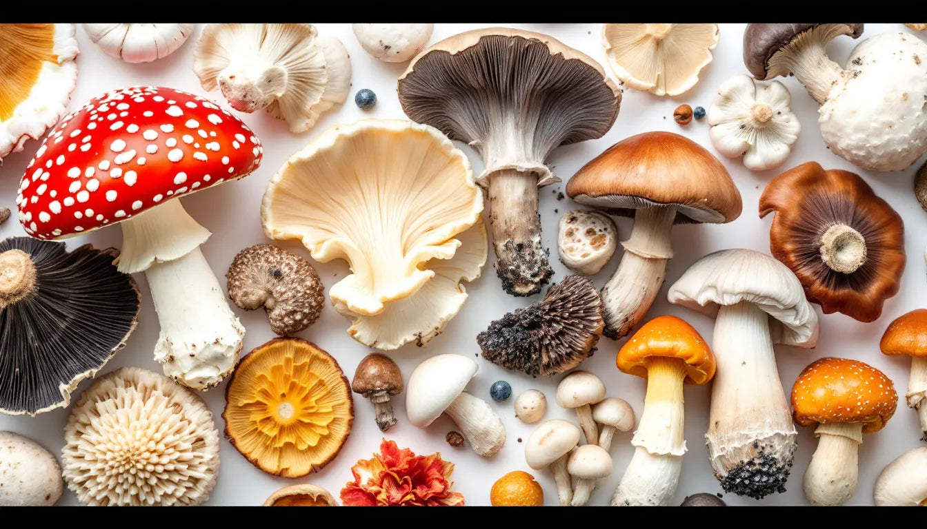 Top gourmet mushroom types arranged on a white surface