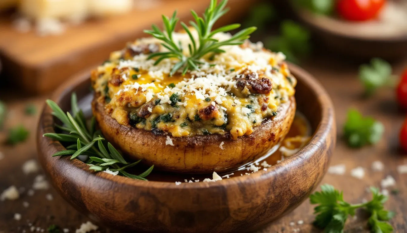 Golden brown baked stuffed mushrooms garnished with fresh herbs.