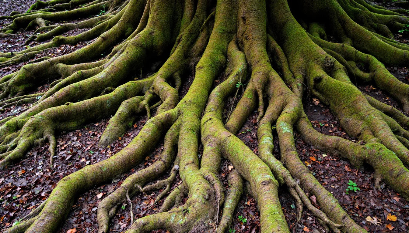 Tree roots in forest showing mycorrhizal ecosystem