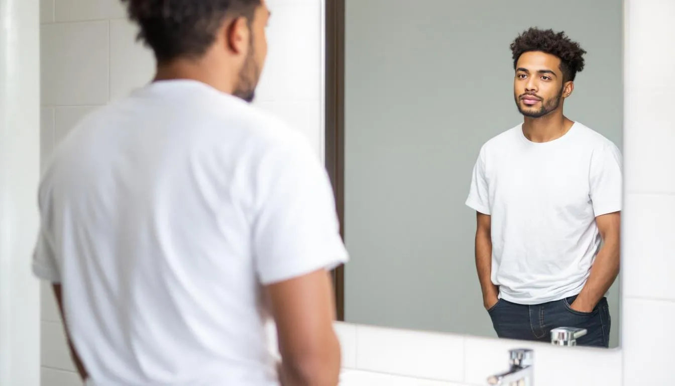 person examining hair growth progress in mirror