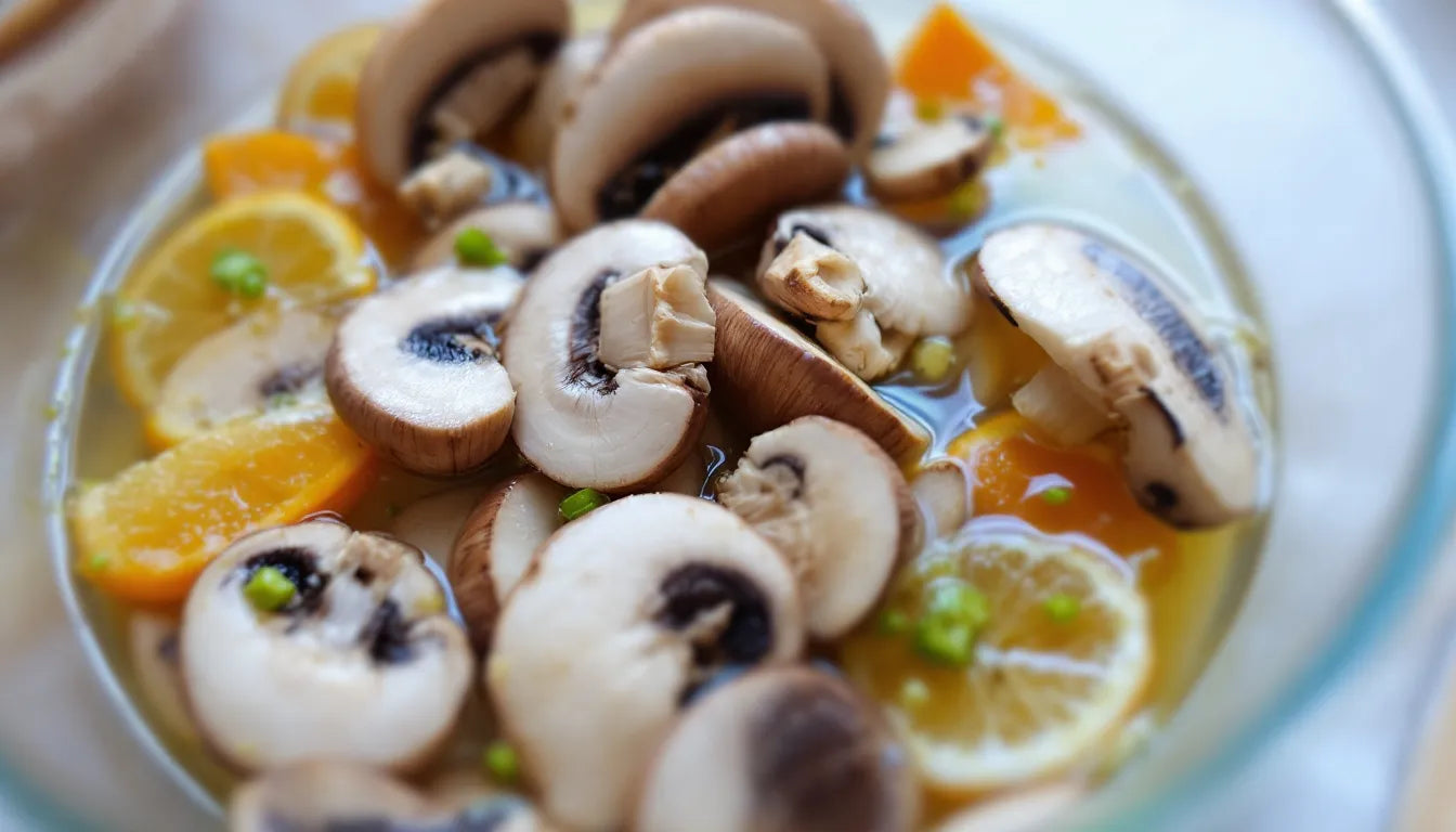Lion’s mane mushroom slices marinating in citrus