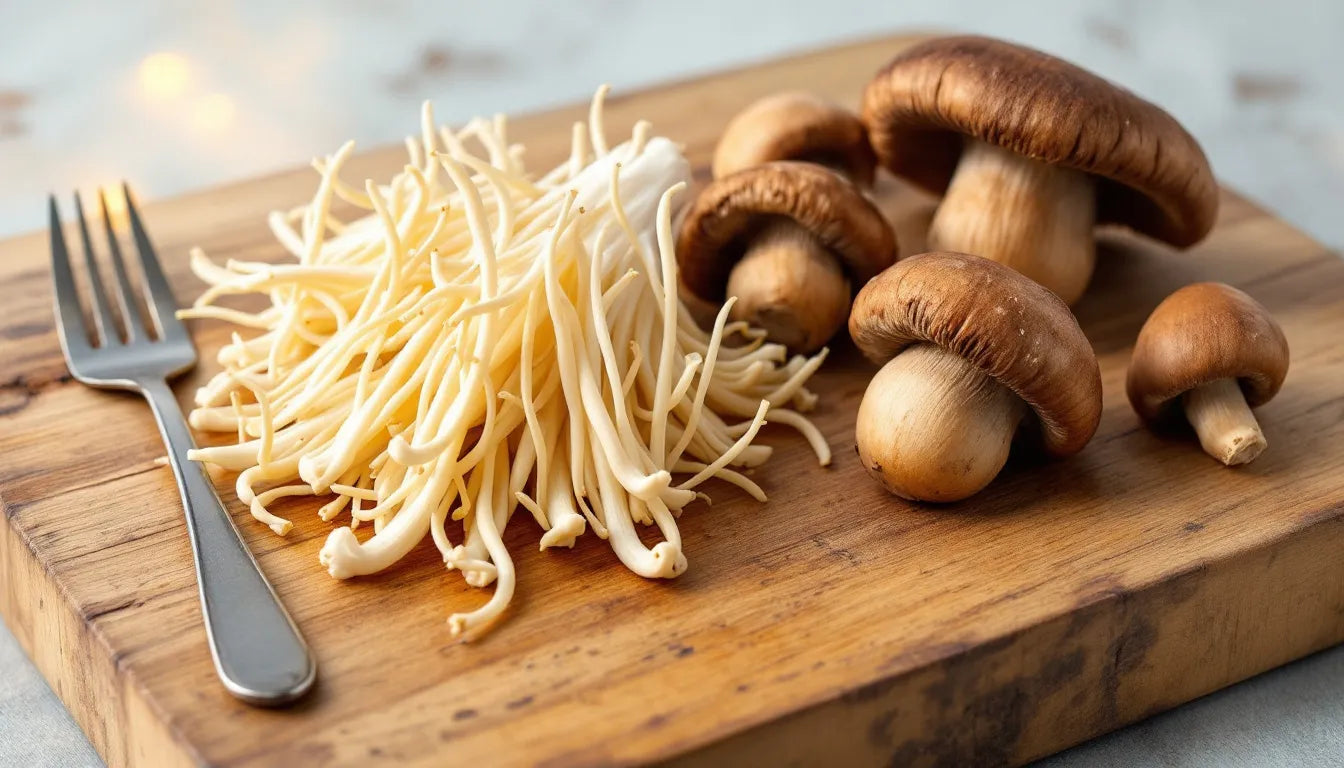 Enoki and maitake mushrooms prepared for trimming