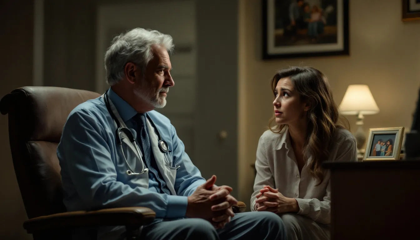 A doctor and patient engaged in a serious conversation about mental health treatment options.